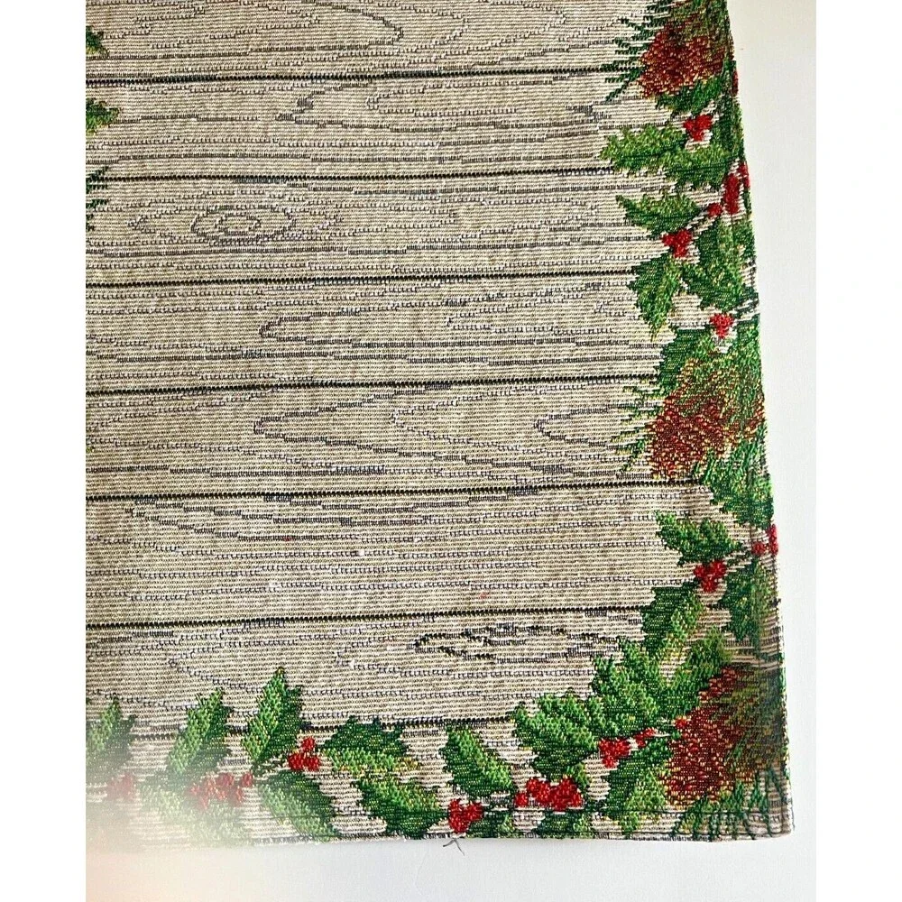 Christmas Holly Berries Table Runner Embroidered Tapestry Pinecone Rustic 13x72